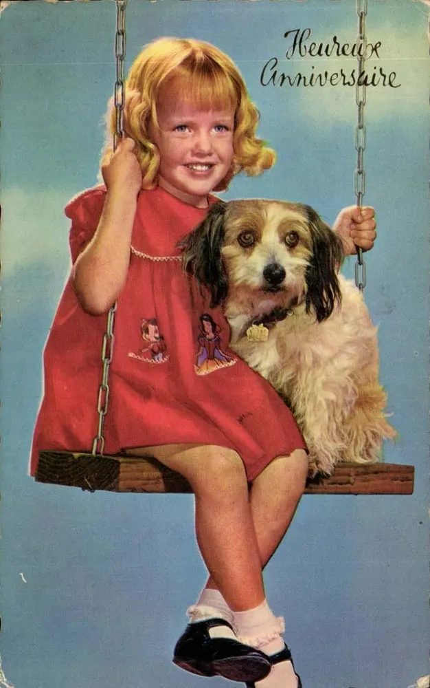 Menina e cachorro na gangorra — Feliz Aniversário — M.D. Paris, série 4790 - Frente