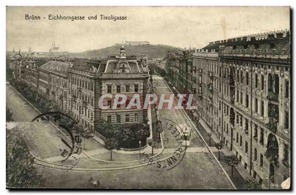 Brünn - Eichhorngasse und Tivoligasse — städtische Ansicht mit zentraler Gebäude und Straßenbahn — Verlag unbekannt, Seriennummer nicht sichtbar - Vorderseite