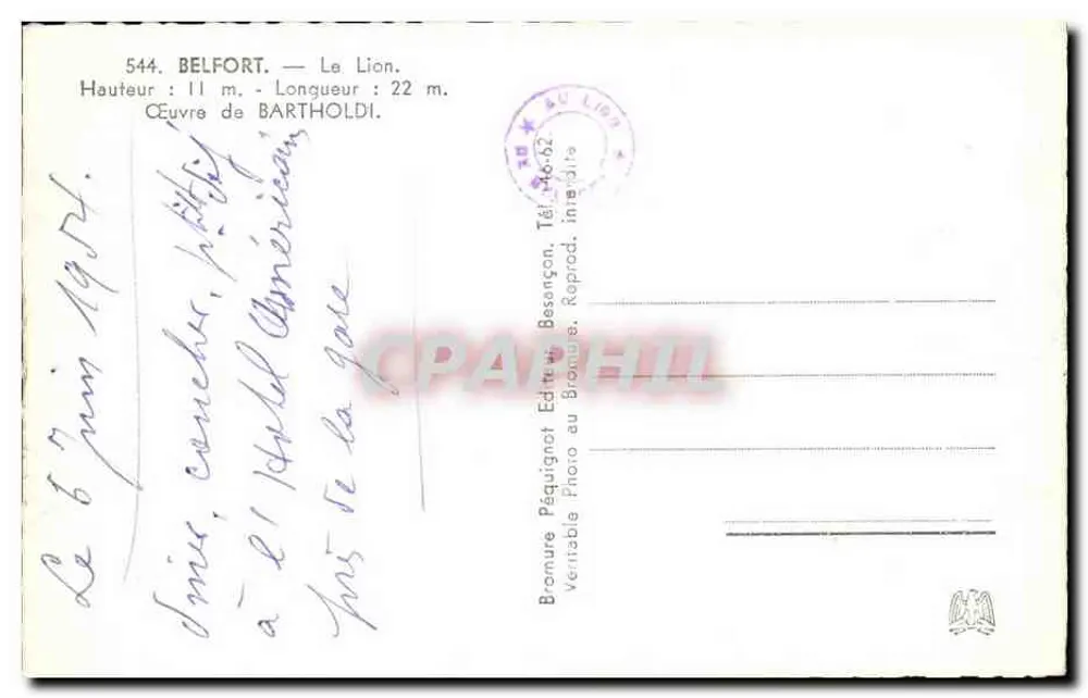 O Leão de Belfort — Monumento aos Defensores de Belfort 1870-71 — Editor Péraignot, n° 544 - Verso