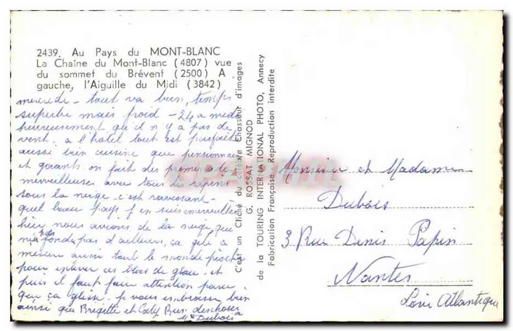 Mont-Blanc-Kette — Ansicht des Gipfels von Brévent (2500) links, der Aiguille du Midi (3842) — G. ROSSAT, Annecy - Rückseite