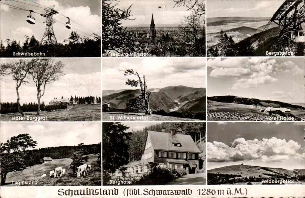 슈아인스란트(기존 명칭: 슈바르츠발트 1286m) — 전경을 포함한 풍경, 케이블카, 호텔 — 출판사 - 앞면