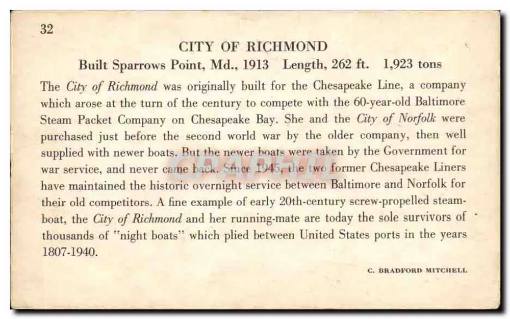 Stadt Richmond — Dampfschiff von 262 Fuß, 1923 — Verlag C. Bradford Mitchell, Nr. 32 - Rückseite