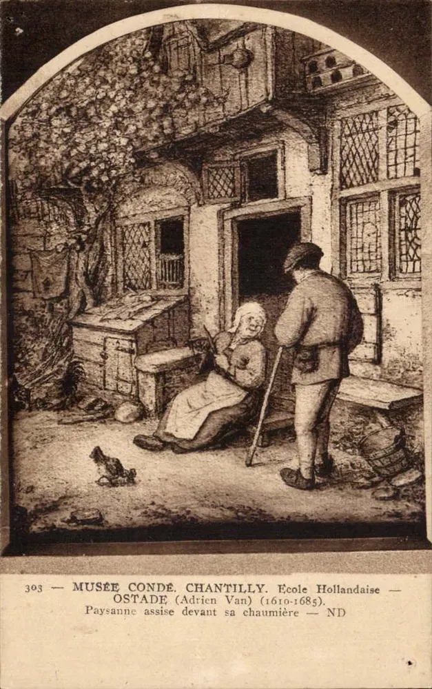 Bäuerin sitzt vor ihrem Häuschen — Musée Condé, Chantilly — Niederländische Schule — Adrien Van (1610–1685) - Vorderseite