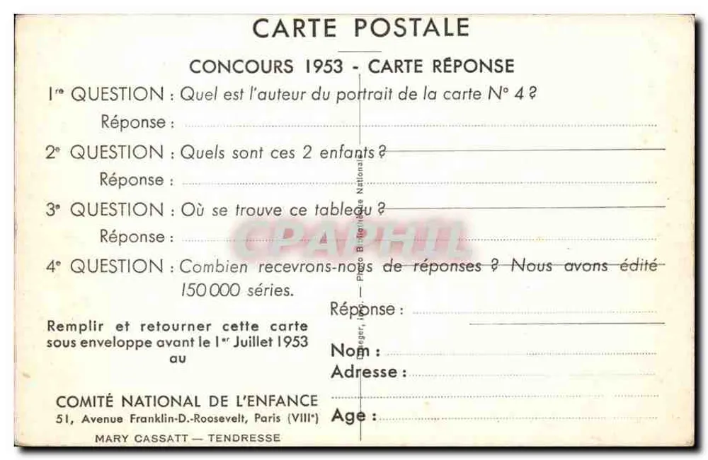 Mutter, die ihr Kind umarmt — Wettbewerb 1953 — Nationaler Kinderrat, Paris - Rückseite