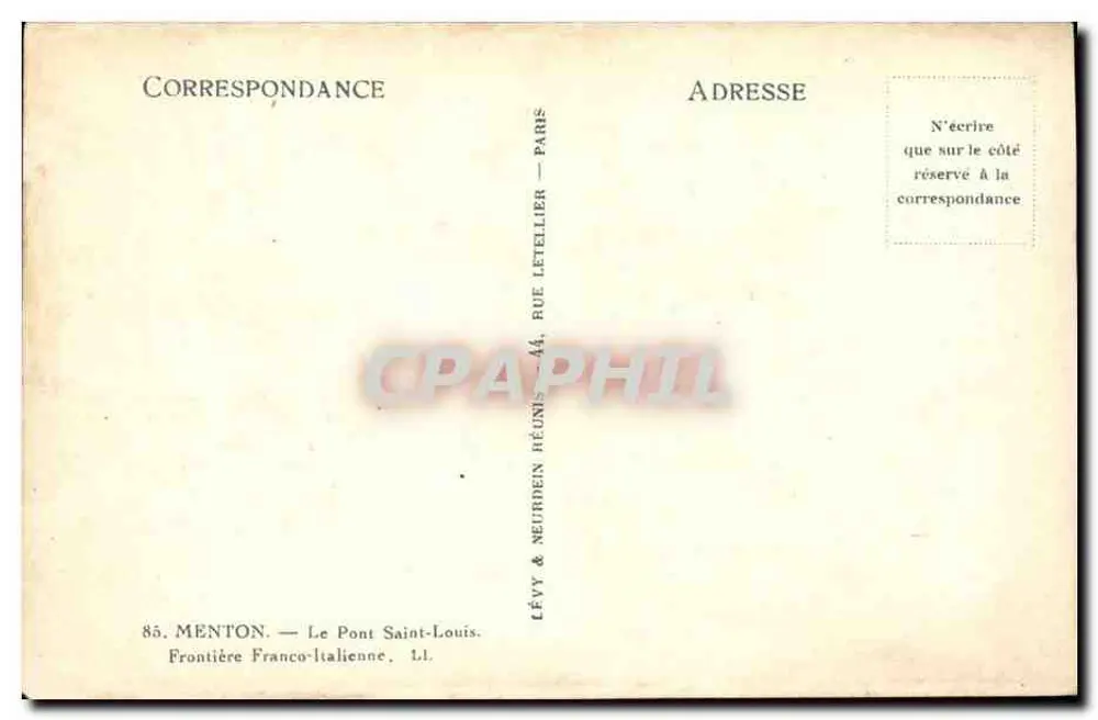 Menton — O Ponte Saint-Louis — Fronteira Franco-Italiana — Editor Lévy & Neurdein - Verso