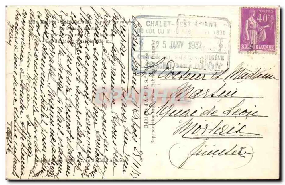 Chalé-Restaurante L. Delacata — Col du Mont d'Arbois — Éditions d'Art F. S. — 583, Mézère-Saint-Gervais, Alpes Françaises - Verso