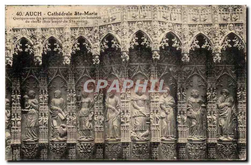 Auch - Catedral de Santa María — algunos de los personajes que componen las esculturas del coro (madera tallada del siglo XV) — serie 40 - Anverso