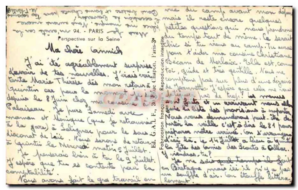 Paris — Perspectiva sobre a Sena — Ed. G.A.F., 30 rue Chapon - Verso