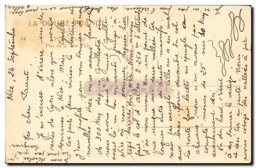 Vista do lago da Douce France — Nice — editor Y. C. 14 - Verso
