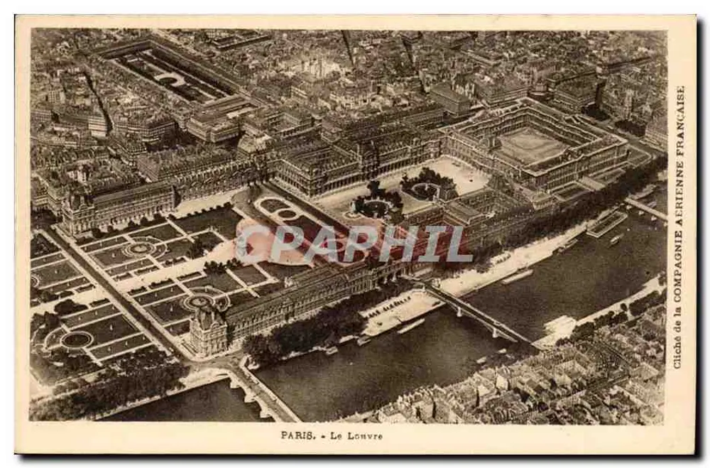 PARIS - O Louvre — vista aérea — Cliché da Companhia Aérea Francesa - Frente