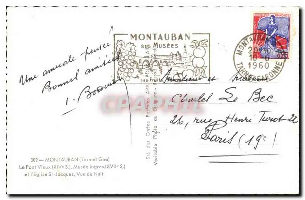 Montauban — O Velho Ponte (século XIV) e a Igreja de São Jacinto, Vista Noturna — Editor: Sté des Cartes Postales APA - Verso