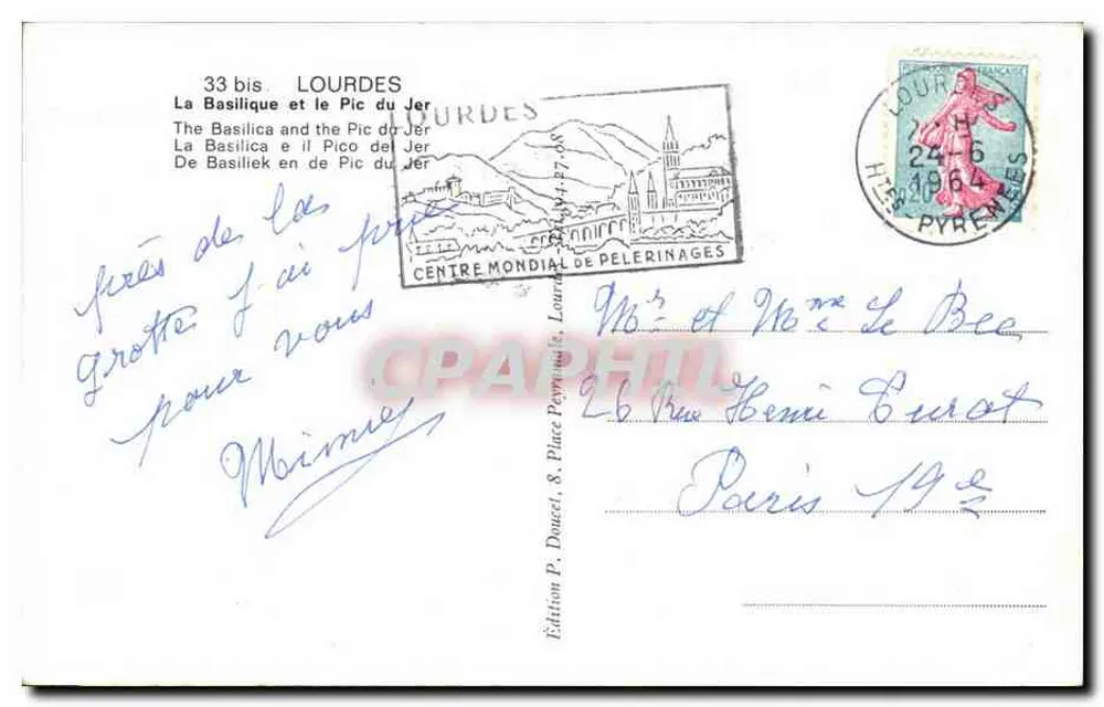Lourdes — A Basílica e o Pic du Jer — Edição P. Doucel, n° 33 bis - Verso