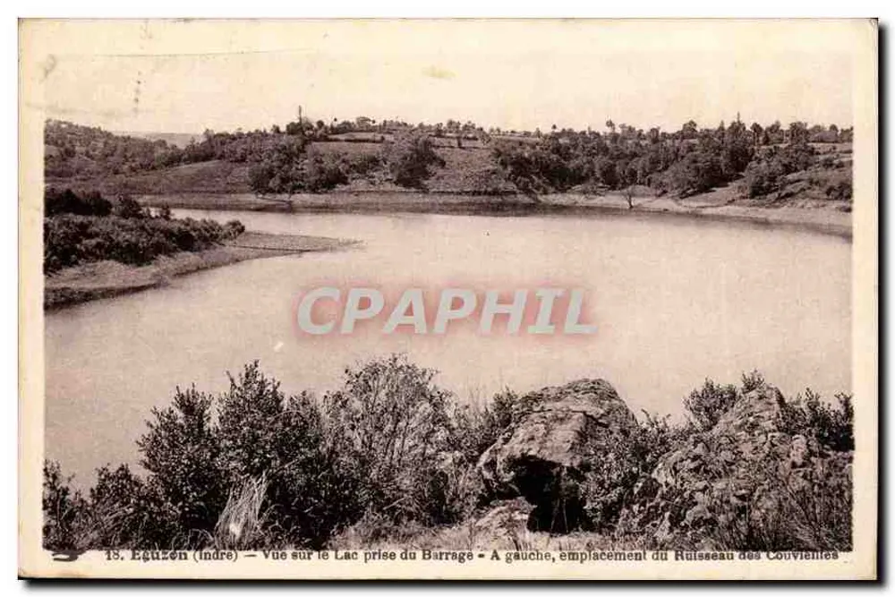 Eguizon (Indre) — Blick auf den See vom Staudamm — Links, Lage des Couvientes-Baches - Vorderseite