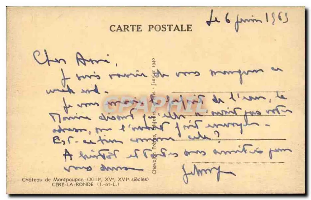 Schloss Montpoupon — Céré-la-Ronde (Indre-et-Loire) — Chevojon Frères, Verleger, Nr. 1940 - Rückseite