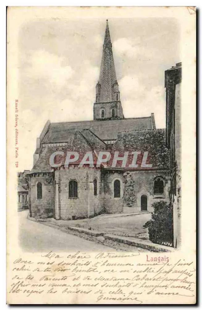 Igreja de Langais — vista do edifício com seu campanário com ponta — editor R. Knauff, Paris, n° 708 - Frente