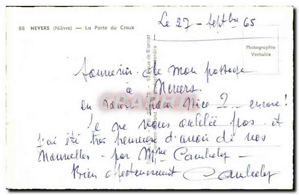 Nevers (Nièvre) — A Porta do Croux — Editor: G. Que de Bronzat - Verso