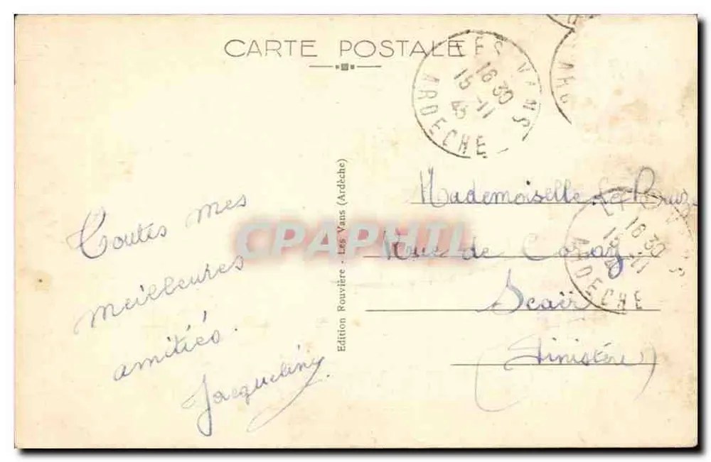 Vale do Ardèche perto de Vallon — O Ardèche pitoresco — Edição Rouvière, n° 9039 - Verso