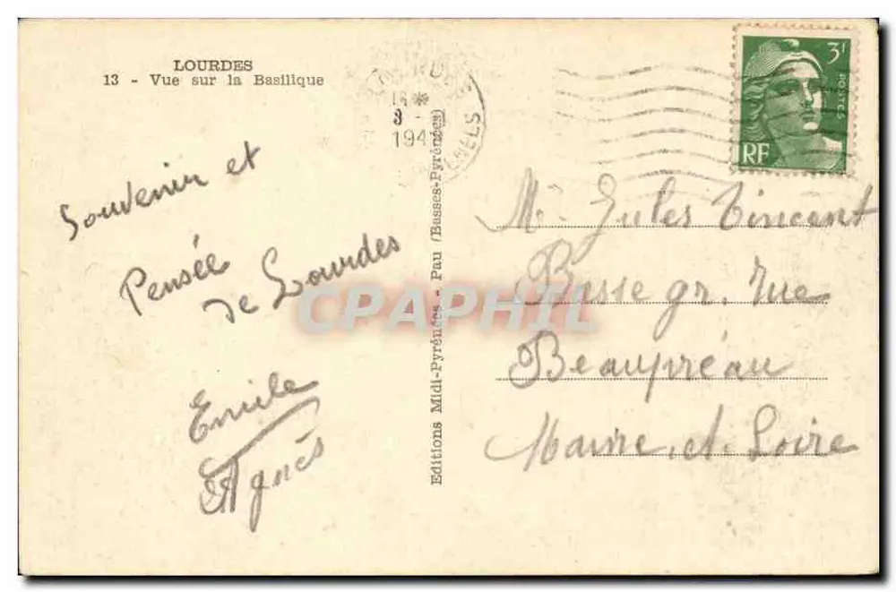 Lourdes — Widok na bazylikę — Wydawnictwo Midi-Pyrénées, n°13 - Rewers