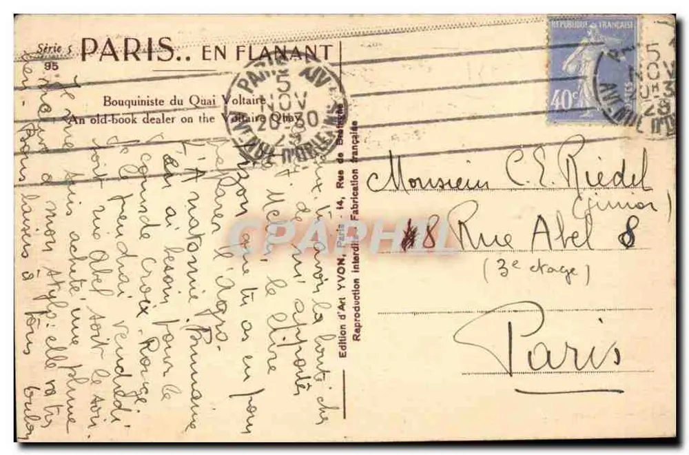 Buchhändler am Quai Voltaire — Paris — Kunstausgabe YVON, Serie 95 - Rückseite