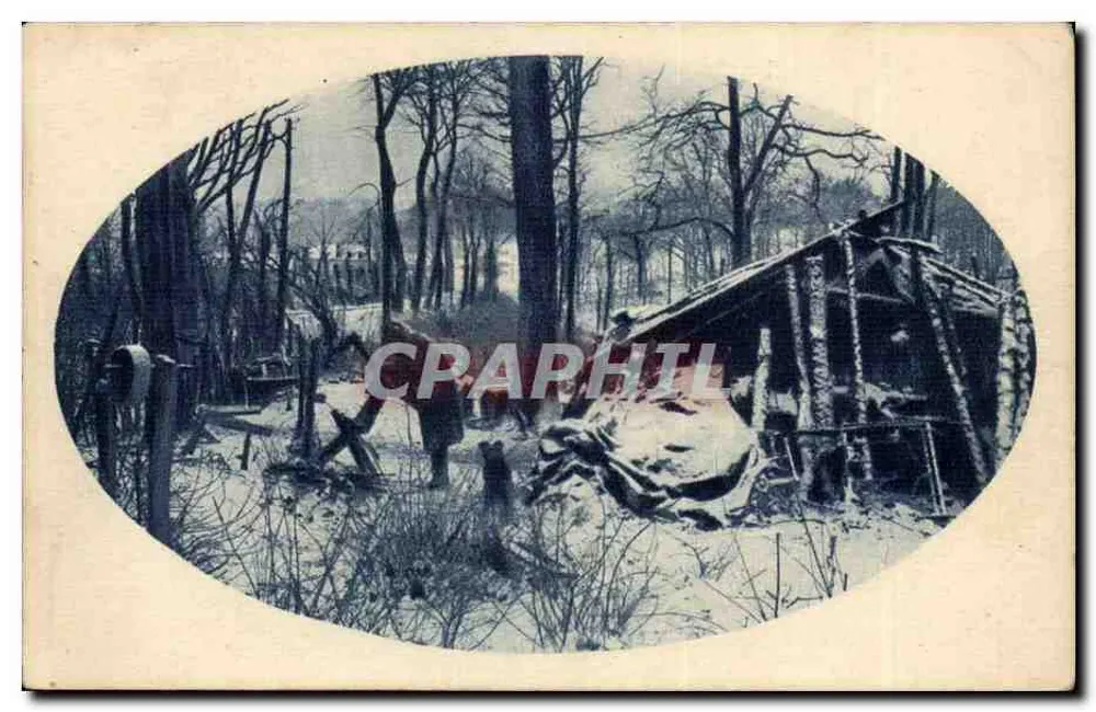 Winterlandschaft in einem Wald — Reste einer schneebedeckten Hütte — Verlag nicht sichtbar - Vorderseite