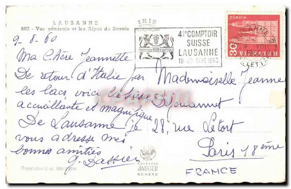Lausanne — Allgemeiner Blick und die Alpen von Savoyen — Éditions Jaeger, Genf - Rückseite