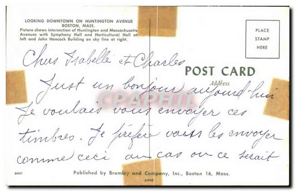 Ansicht von Boston — Huntington Avenue — Symphony Hall und John Hancock Building — Verlag Bromley and Company, Inc., Boston 16, Mass. - Rückseite