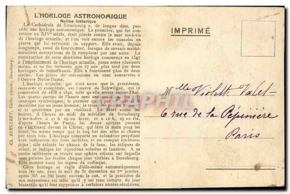 Strasbourger astronomische Uhr — Kathedrale Notre-Dame — Verlag Ch. Hereret, Serie 15 - Rückseite