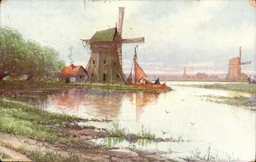 Moinho de vento e barco a vela — paisagem holandesa — Edição da Chocolaterie d'Aiguebelle - Frente