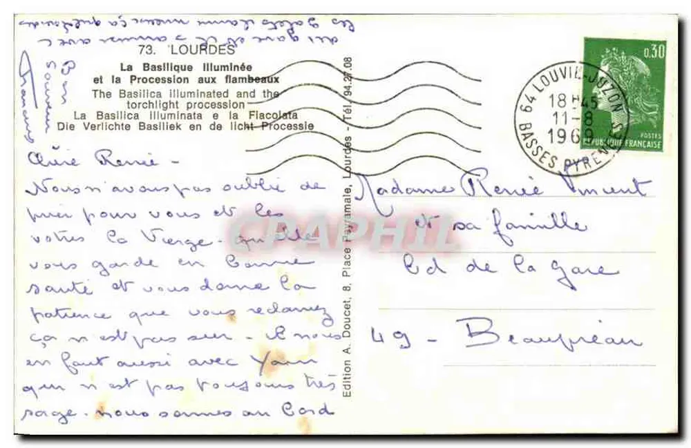 Lourdes — Die beleuchtete Basilika und die Prozession mit Fackeln — Edition A. Doucet - Rückseite