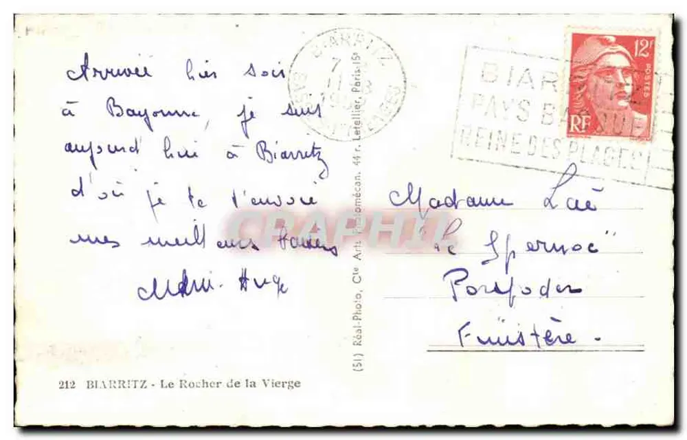 Biarritz - Le Rocher de la Vierge — éditeur (51) Réal-Photo, Cie Art. Photo, n°212 - Verso