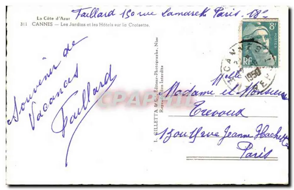 Cannes — Die Gärten und Hotels an der Croisette — L. Gilletta & Cie - Rückseite