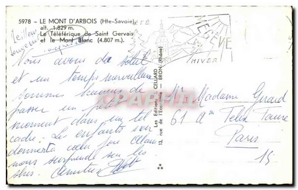 Der Mont d'Arbois — Der Seilbahn von Saint Gervais und der Mont Blanc — Éditions J. Cellard - Rückseite