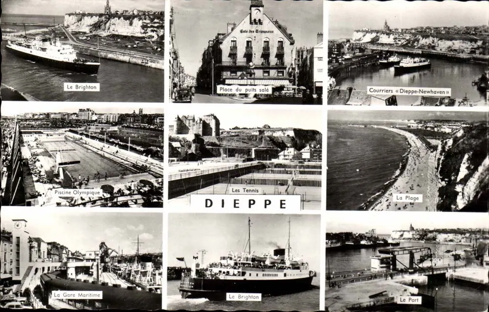 Dieppe — Vista panorâmica com Le Brighton, A Praia, A Estação Marítima e outros locais — Edições Gaby, Nantes - Frente