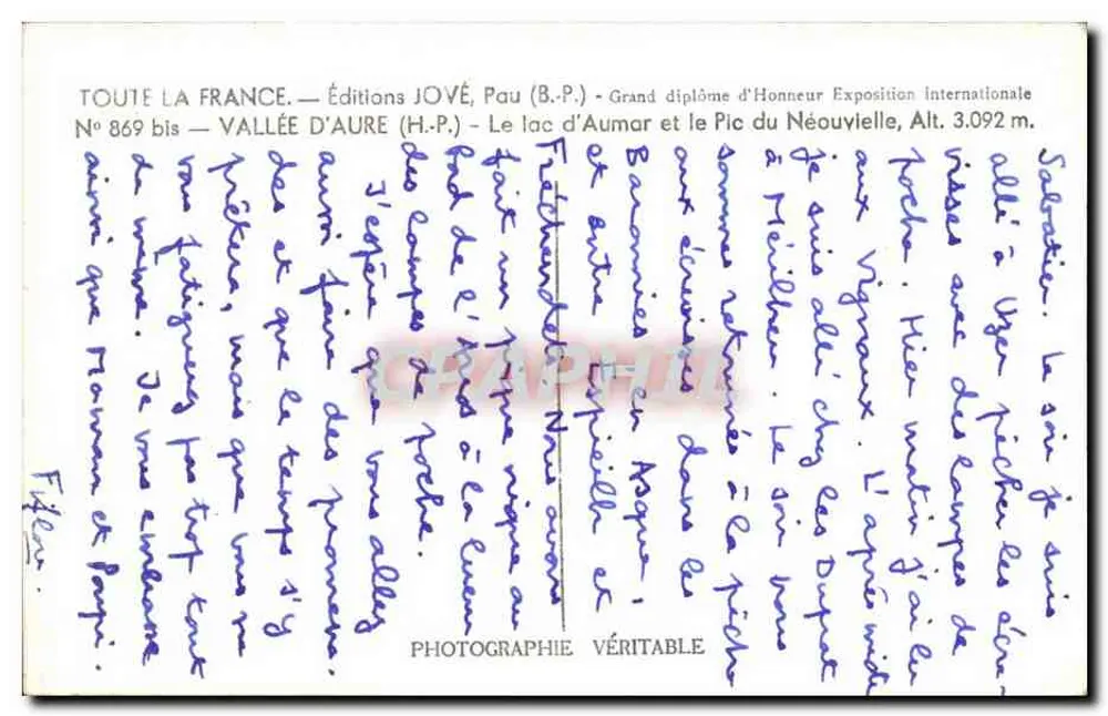 Lago d'Aumar y el Pic du Néouvielle — Ediciones JOVÉ, Pau (B.P.) — N° 869 bis - Reverso