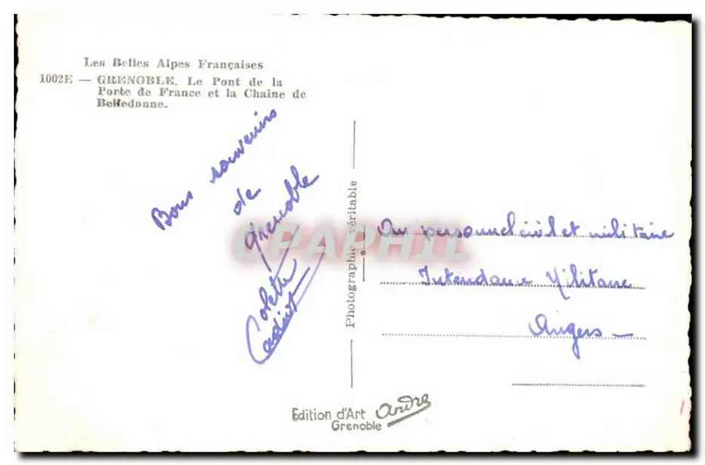 Grenoble — Pont de la Porte de France et chaîne de Belledonne — Édition d'Art André, n°1002E - Verso