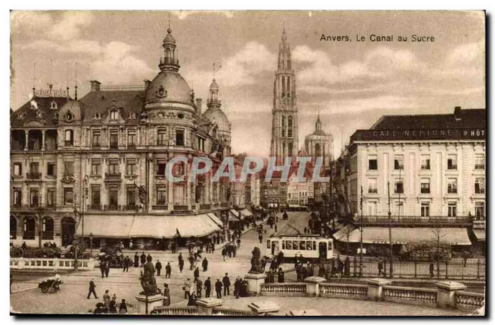 Antwerpen, Der Zuckerkanal — Ansicht des Kanals mit der Turm der Kirche Saint-Pierre und dem Café Neptune — Verlag nicht sichtbar - Vorderseite