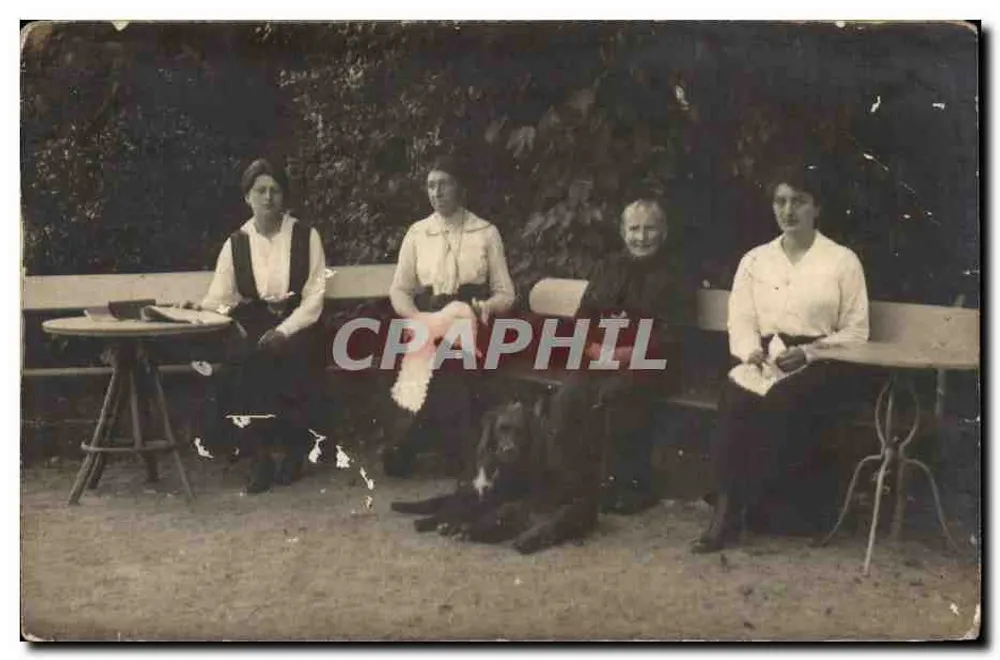Quatro mulheres e um cachorro — cena de jardim — editor não visível - Frente