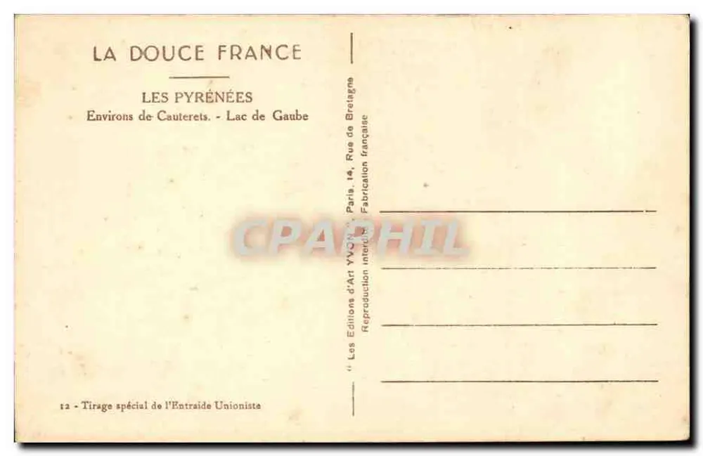 Lago de Gaube — Arredores de Cauterets — Éditions d'Art Yvon - Verso