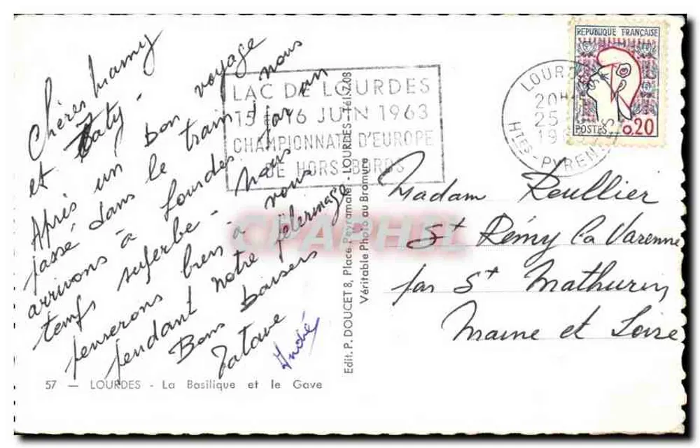 Lourdes — A Basílica e o Gave — Edit. P. Doucet & Place Pyramides - Verso