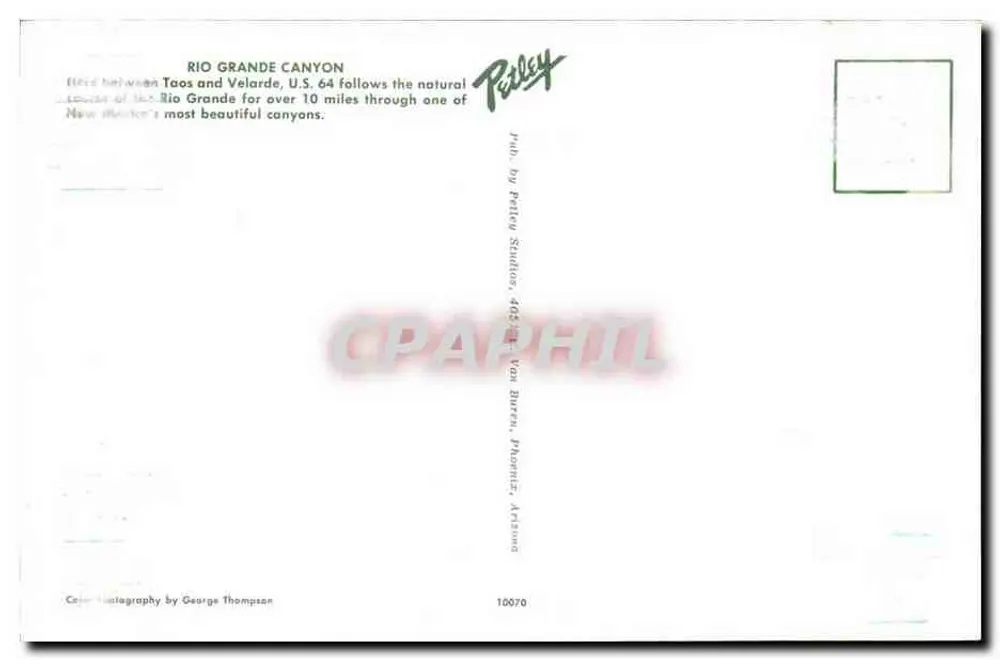 Rio Grande Canyon — entre Taos et Velarde — éditeur Peltz Studios, n° 10070 - Verso