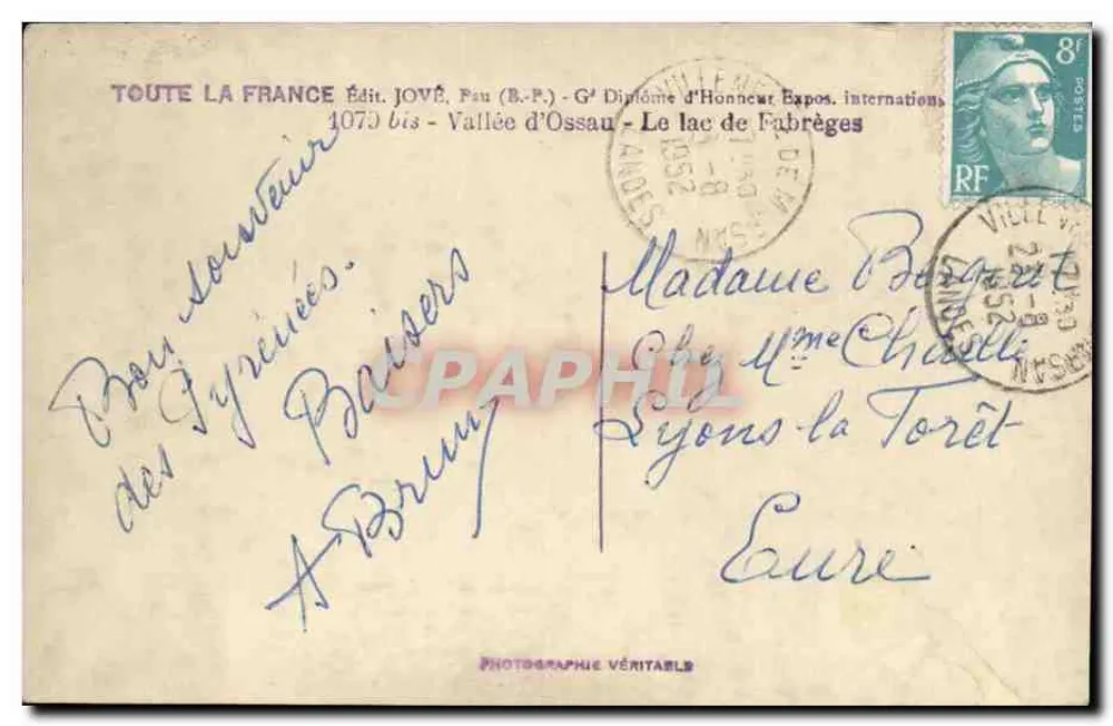 Lago de Fabrègues — Vale de Ossau — Editor JOVÉ, Fau (B.P.) - Verso