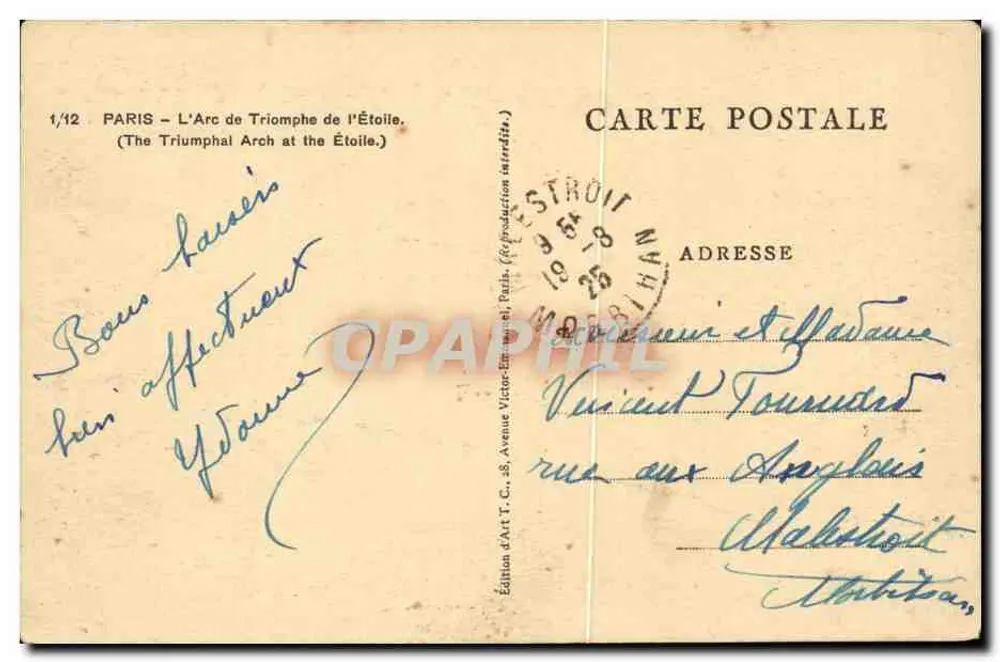 Paris — Arco do Triunfo da Étoile — Edição de Arte T.C. - Verso