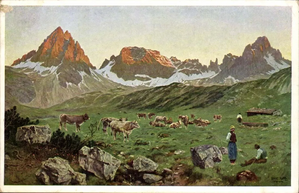 Camping da Infância — Noite nos Alpes — Ernst Platz pinx. — Noris-Kunstverlag Emil Köhn, Münden 20 - Frente