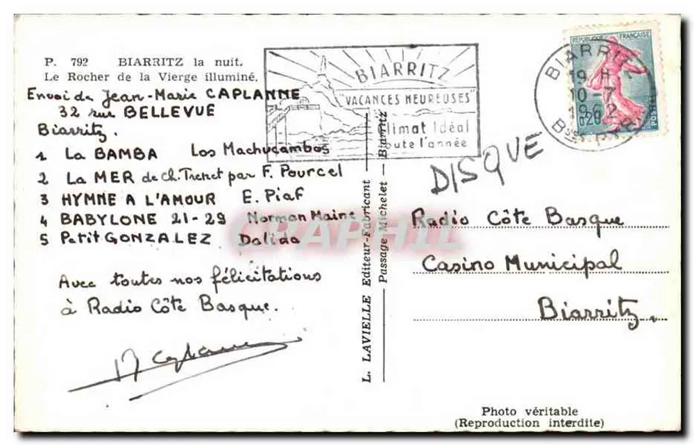 Biarritz — Der Felsen der Jungfrau beleuchtet — L. Laville, Verleger-Hersteller - Rückseite