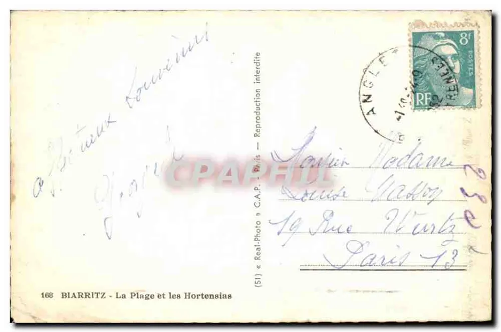 Biarritz - A Praia e os Hortênsias — Bilhete postal antigo — n°168 - Verso
