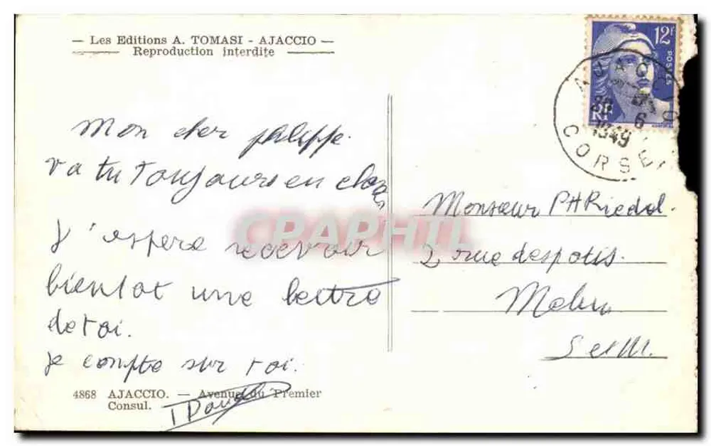 Zentraler Platz mit Palmen und Uhr — Ajaccio — Les Editions A. TOMASI - Rückseite
