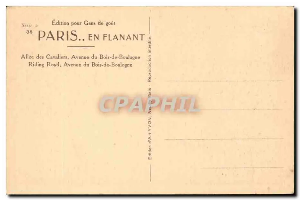 Paris. Spaziergang — Allée des Cavaliers, Avenue du Bois-de-Boulogne — Kunstausgabe YVON, Serie 2, Nr. 38 - Rückseite
