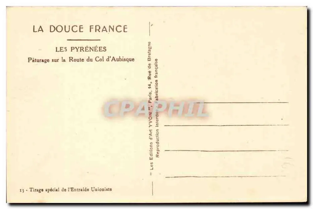 Weide in den Pyrenäen — Route des Aubisque-Passes — Editions d'Art YVON, Paris - Rückseite