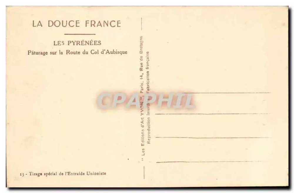 Die Pyrenäen — Weide am Weg zum Aubisque-Pass — Les Éditions d'Art YVON, Paris - Rückseite