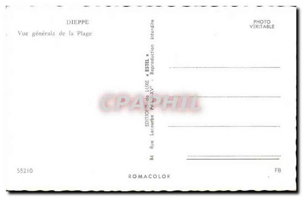 Dieppe — Visão geral da Praia — Editor Estel, n° 55210 - Verso